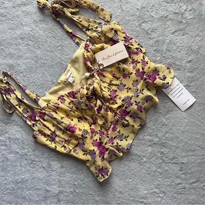 NWT For Love & Lemons Beaumont Floral Button-Front Knot Ruffle Chiffon Crop Top